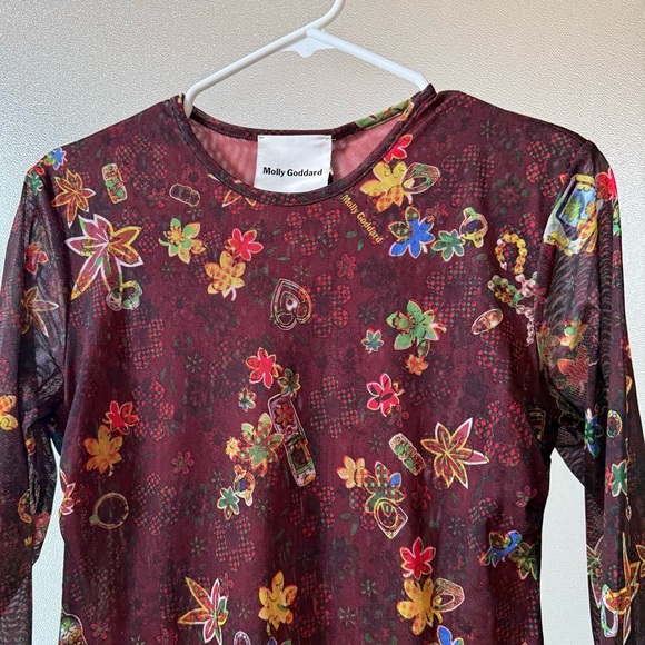 🆕 MOLLY GODDARD Nanette Floral Printed Mesh Midi Dress Brown Sz 8 US - Picture 4 of 8